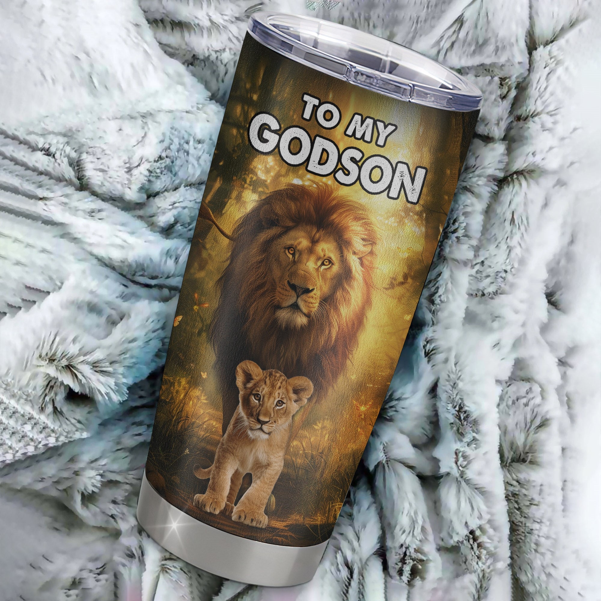 Personalized To My Godson Tumbler From Godfather Stainless Steel Cup Lion Never Give Up Godchild Birthday Graduation Christmas Travel Mug | siriusteestore