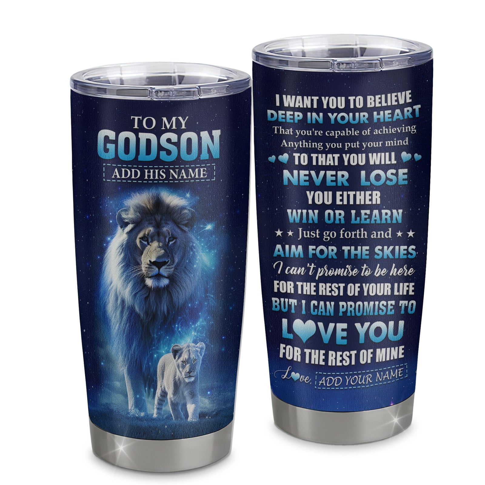 Personalized To My Godson Tumbler From Godfather Uncle Believe Your Heart Godson Gift Birthday Graduation Christmas Custom Stainless Steel Cup Travel Mug | siriusteestore