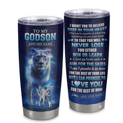 Personalized To My Godson Tumbler From Godmother Aunt Believe Your Heart Godson Gift Birthday Graduation Christmas Custom Stainless Steel Cup Travel Mug | siriusteestore