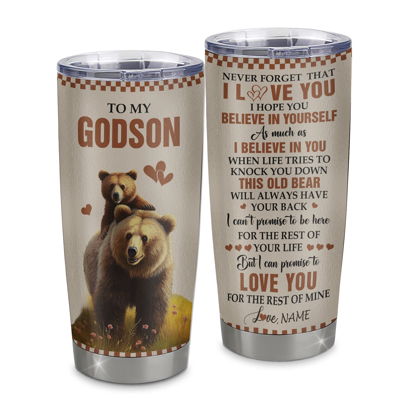 Personalized To My Godson Tumbler From Godmother Aunt Uncle Stainless Steel Cup This Old Bear Love You Godson Birthday Gifts Graduation Christmas Custom Travel Mug | siriusteestore