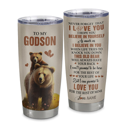 Personalized To My Godson Tumbler From Godmother Aunt Uncle Stainless Steel Cup This Old Bear Love You Godson Birthday Gifts Graduation Christmas Custom Travel Mug | siriusteestore