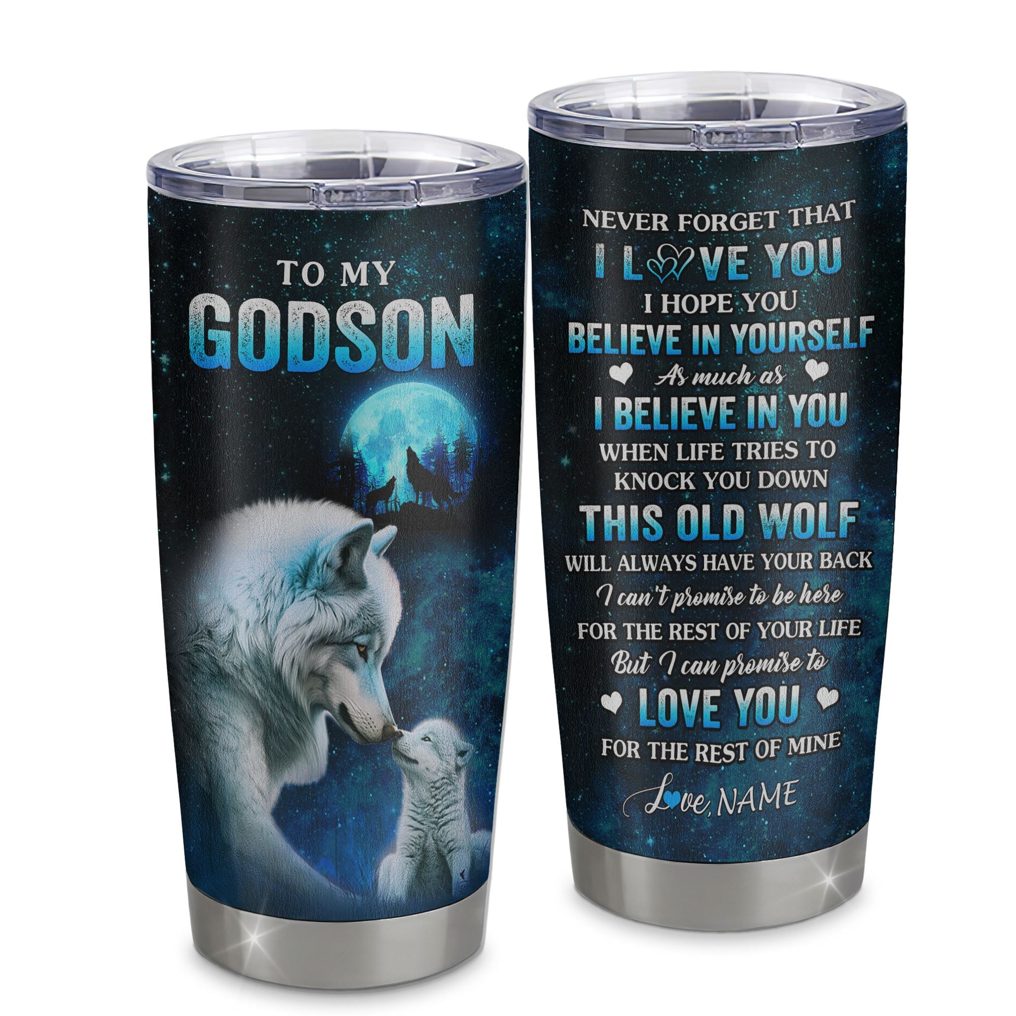 Personalized To My Godson Tumbler From Godmother Aunt Uncle Stainless Steel Cup This Old Wolf Love Godson Birthday Gifts Graduation Christmas Custom Travel Mug | siriusteestore