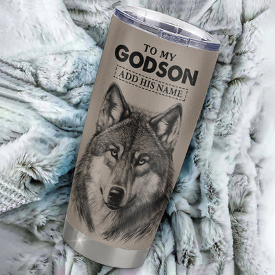 Personalized To My Godson Tumbler From Godmother Godfather Wolf Braver Stronger Smarter Godson Birthday Graduation Christmas Custom Stainless Steel Cup Travel Mug | siriusteestore