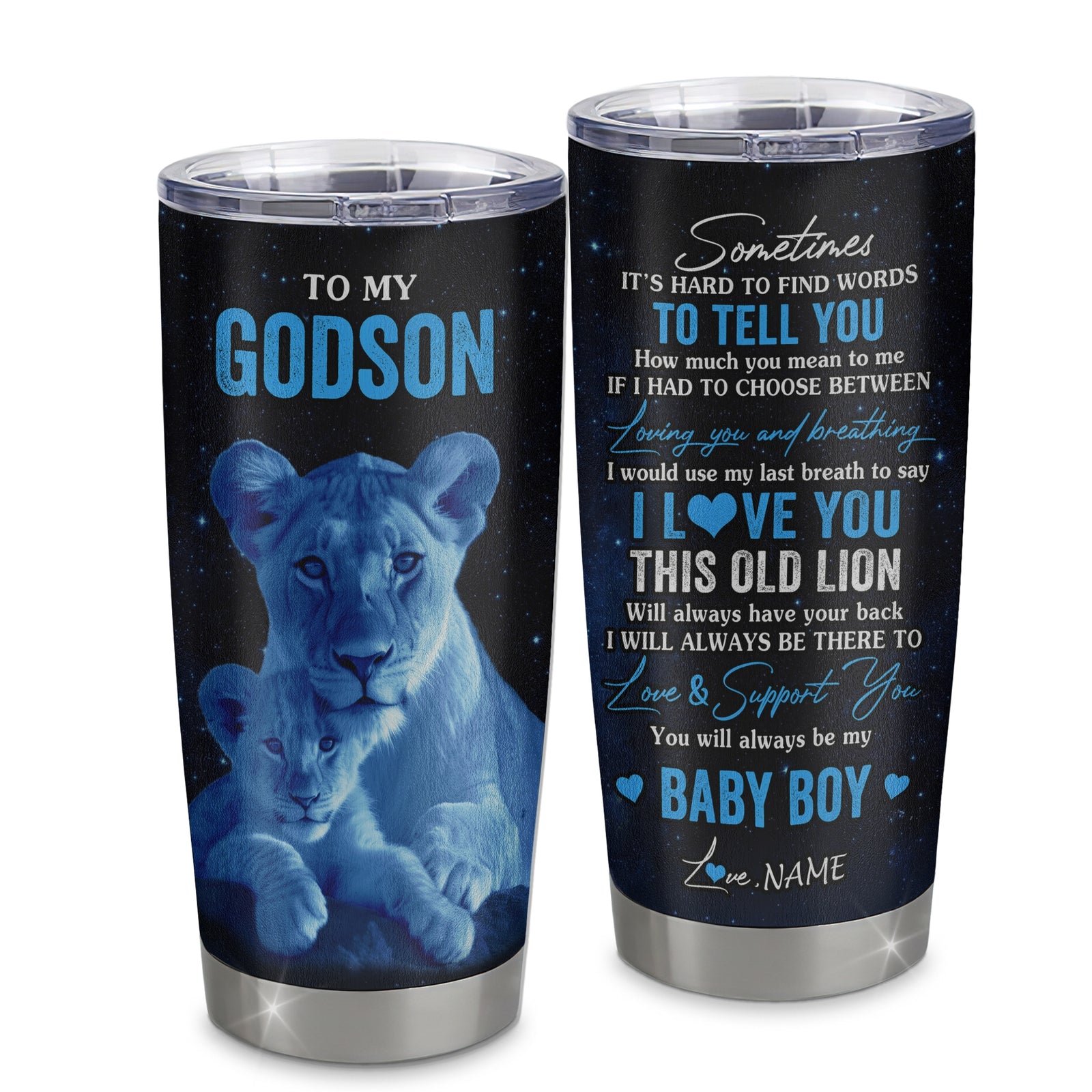 Personalized To My Godson Tumbler From Godmother Stainless Steel Cup I Love You This Old Lion Godson Birthday Graduation Christmas Travel Mug | siriusteestore