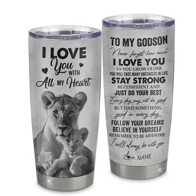 Personalized To My Godson Tumbler From Godmother Stainless Steel Cup I Love You With All My Heart Godson Birthday Graduation Christmas Travel Mug | siriusteestore