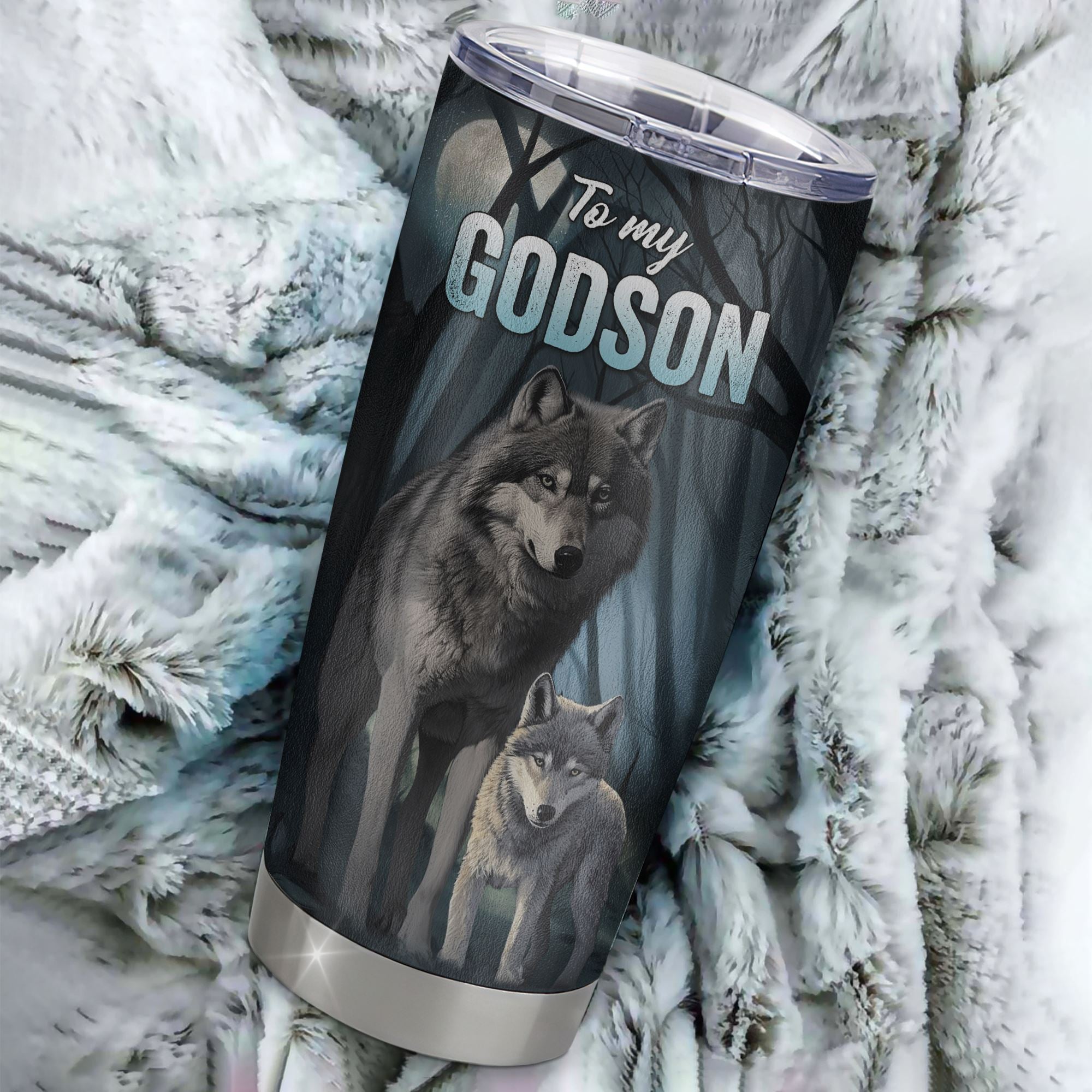 Personalized To My Godson Tumbler From Godmother Stainless Steel Cup Never Feel That You Are Alone Wolf Godson Gift Birthday Graduation Christmas Travel Mug | siriusteestore
