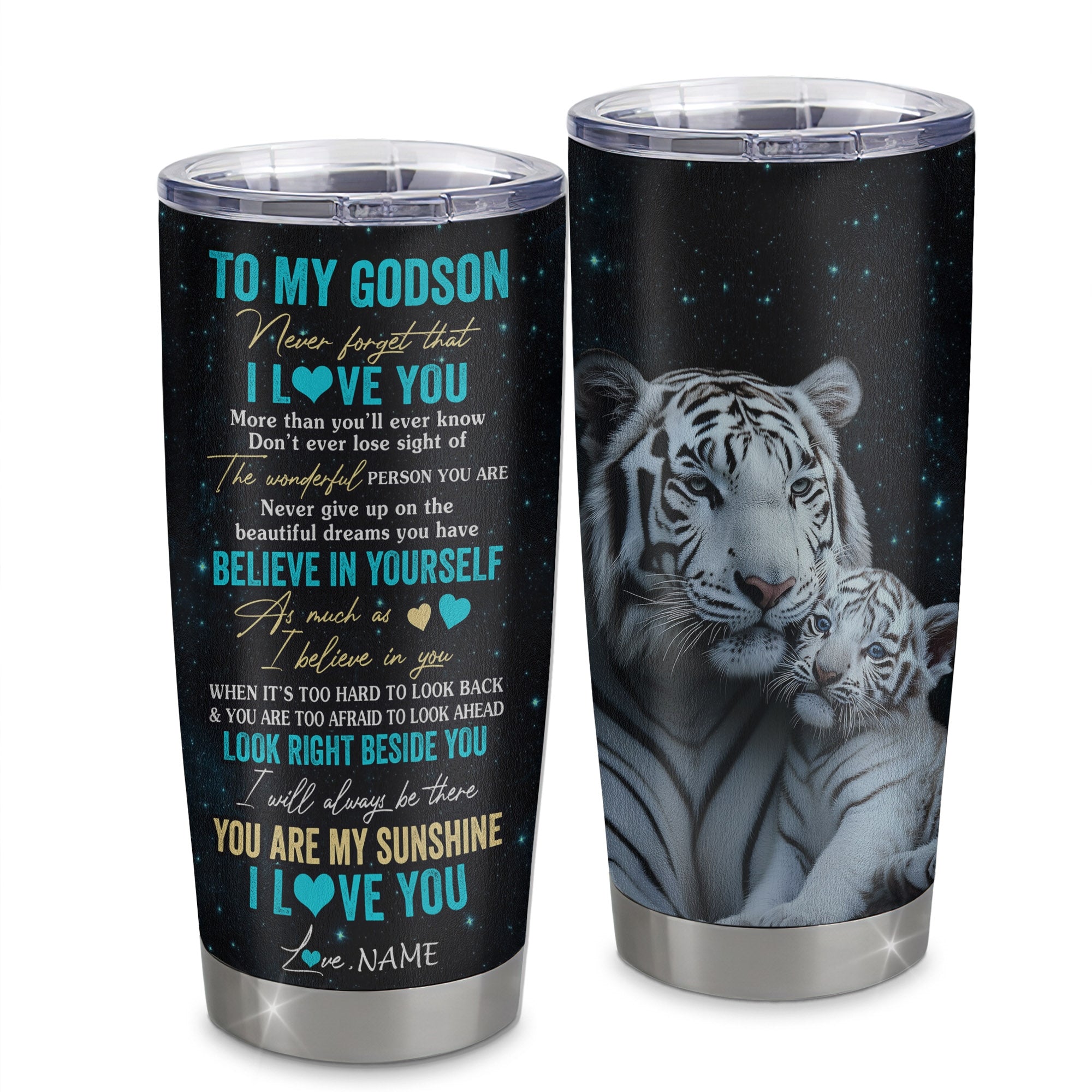 Personalized To My Godson Tumbler From Godmother Uncle Aunt Stainless Steel Cup Never Forget I Love You White Tiger Godson Birthday Christmas Travel Mug | siriusteestore