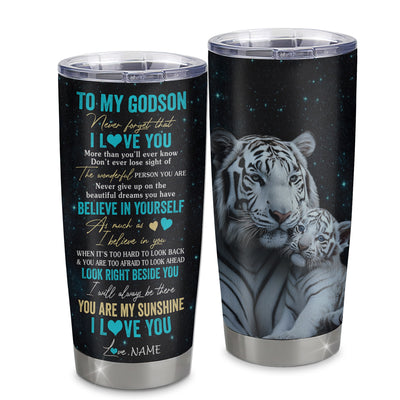 Personalized To My Godson Tumbler From Godmother Uncle Aunt Stainless Steel Cup Never Forget I Love You White Tiger Godson Birthday Christmas Travel Mug | siriusteestore