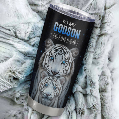 Personalized To My Godson Tumbler From Godmother Uncle I Close My Eyes White Tiger Birthday Gifts For Godson Graduation Christmas Stainless Steel Tumbler Mug | siriusteestore