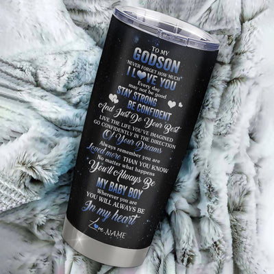 Personalized To My Godson Tumbler From Godmother Uncle Stainless Steel Wolf Never Forget How Much I Love You Godchild Birthday Graduation Christmas Travel Mug | siriusteestore