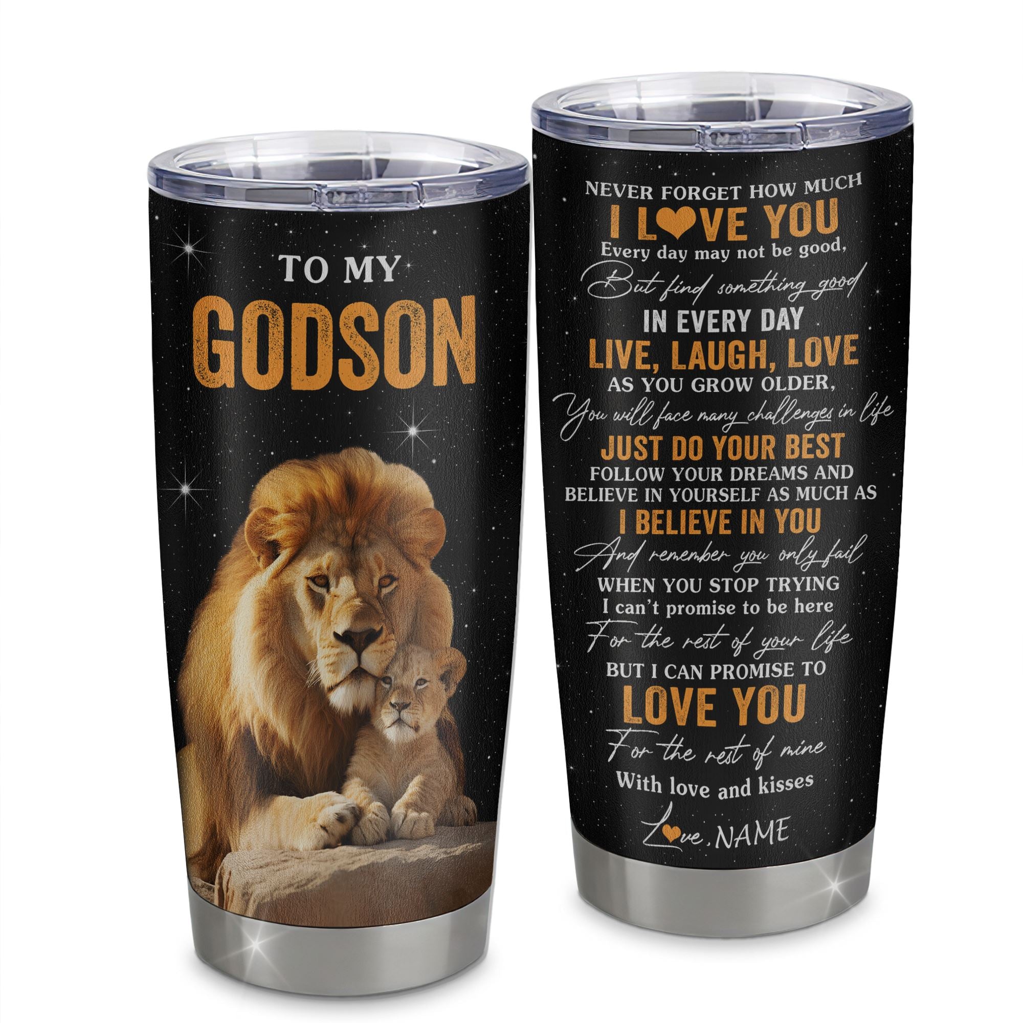 Personalized To My Godson Tumbler From Uncle Stainless Steel Cup Live Laugh Love Lion Godchild Godson Birthday Gifts Positive Graduation Christmas Custom Travel Mug | siriusteestore