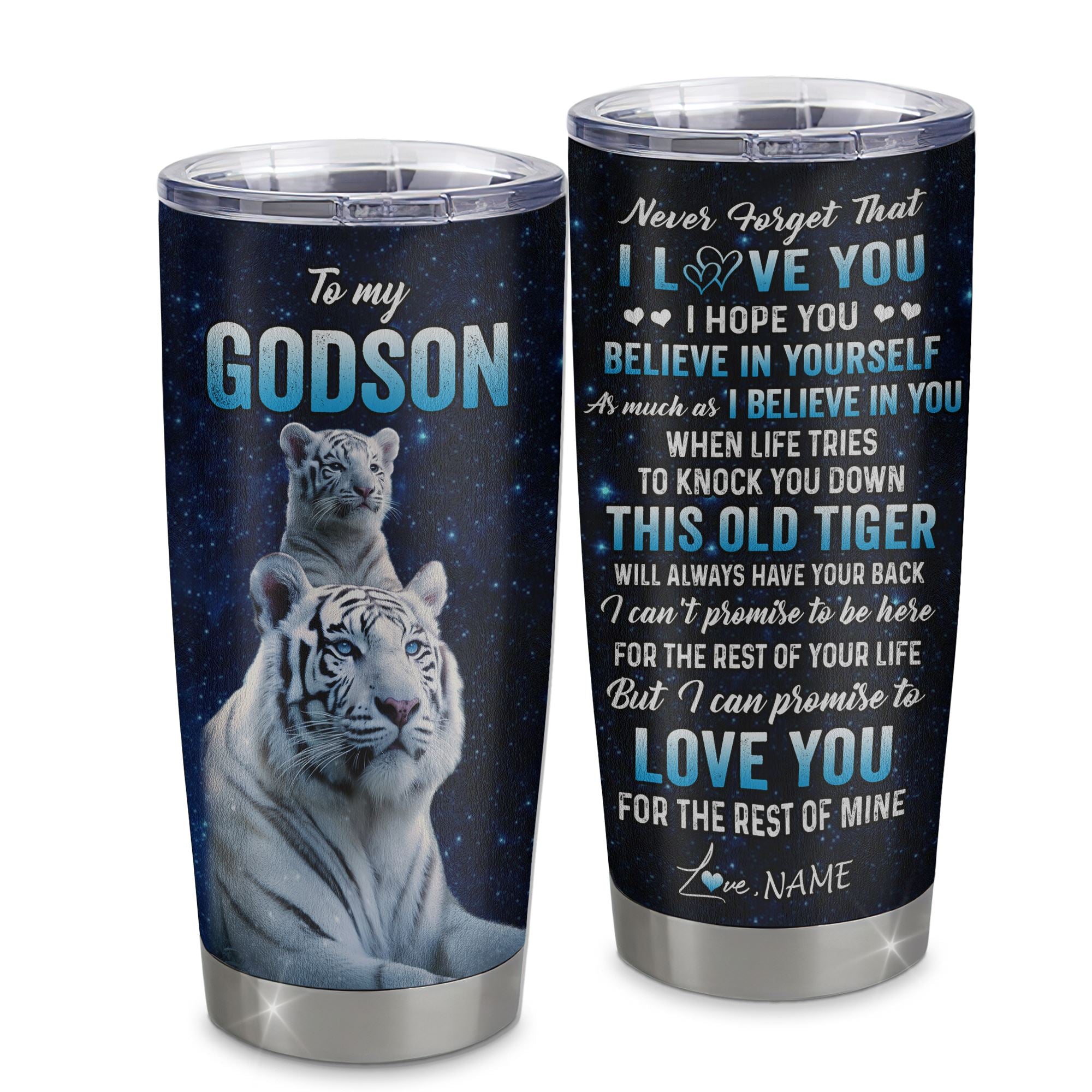 Personalized To My Godson Tumbler Gift From Godmother Aunt Stainless Steel Cup This Old Tiger Love You Godson Birthday Graduation Christmas Custom Travel Mug | siriusteestore