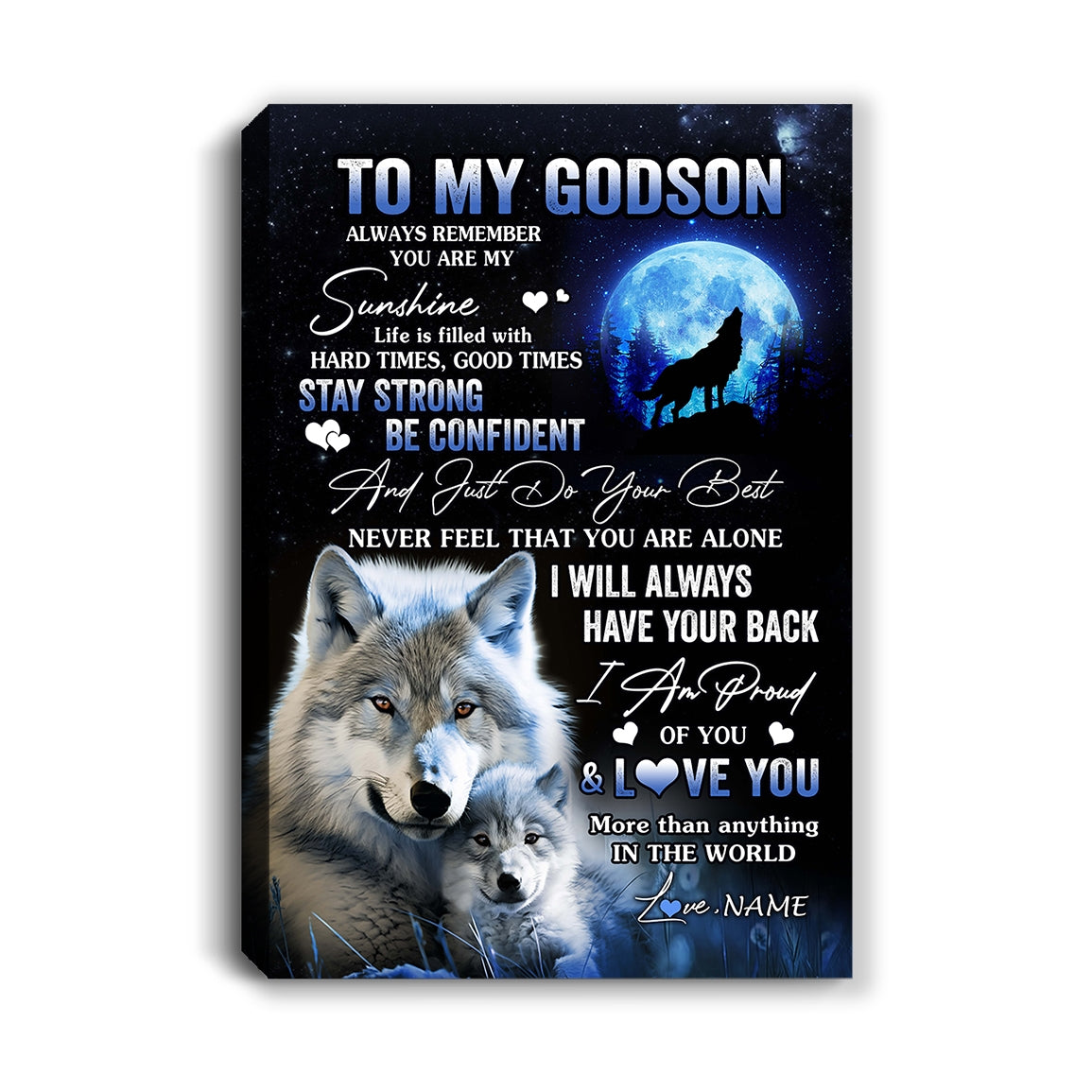 Personalized To My Godson Wolf Canvas From Godmother Godfather Always Remember Godchild Godson Birthday Gifts Graduation Christmas Custom Wall Art Print Framed Canvas | siriusteestore