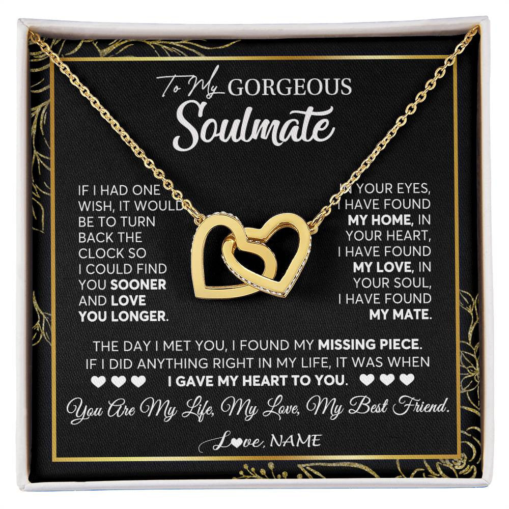 Interlocking Hearts Necklace 18K Yellow Gold Finish | 1 | Personalized To My Gorgeous Soulmate Necklace From Husband My Life My Love Wife Birthday Wedding Valentines Day Christmas Customized Gift Box Message Card | siriusteestore
