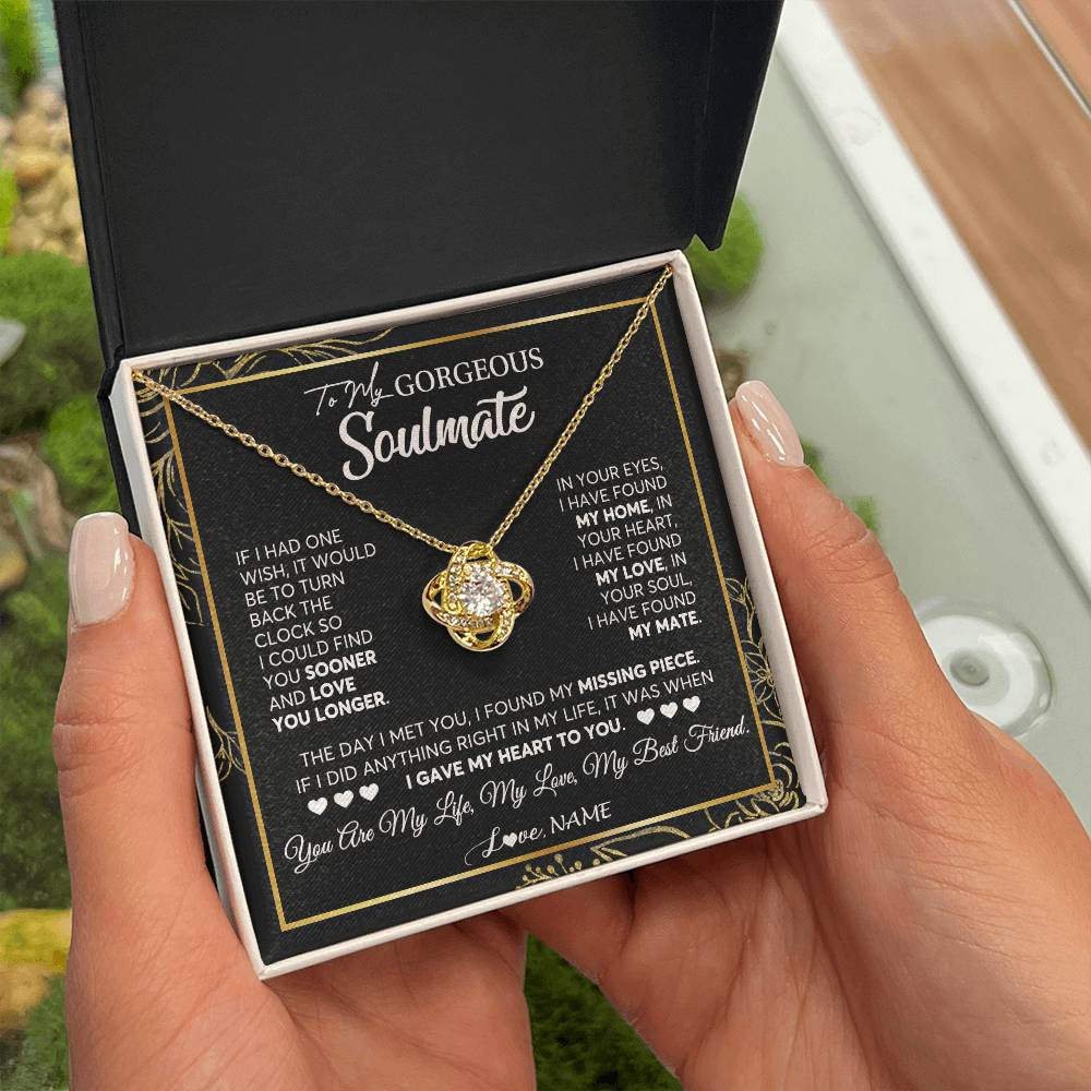 Love Knot Necklace 18K Yellow Gold Finish | 2 | Personalized To My Gorgeous Soulmate Necklace From Husband My Life My Love Wife Birthday Wedding Valentines Day Christmas Customized Gift Box Message Card | siriusteestore