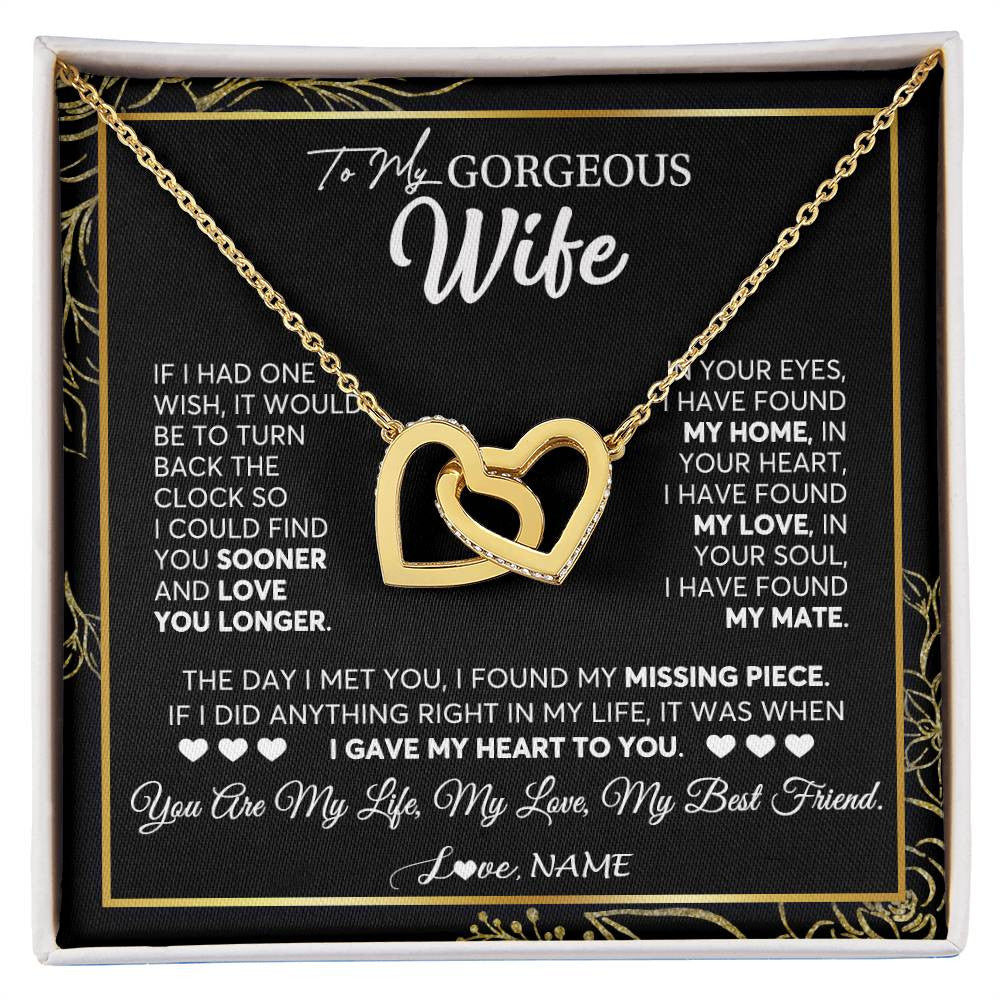 Interlocking Hearts Necklace 18K Yellow Gold Finish | 1 | Personalized To My Gorgeous Wife Necklace From Husband My Life My Love Wife Birthday Wedding Valentines Day Christmas Customized Gift Box Message Card | siriusteestore