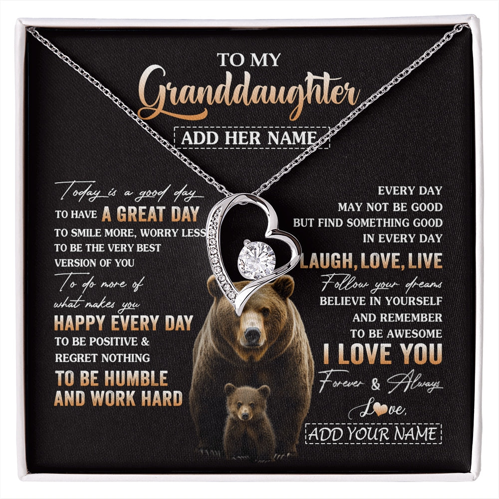 Forever Love Necklace 14K White Gold Finish | 1 | Personalized To My Granddaughter Bear Necklace From Grandma Grandpa Every Day Laugh Love Live Granddaughter Birthday Gifts Christmas Gift Box Message Card | https://siriusteestore.