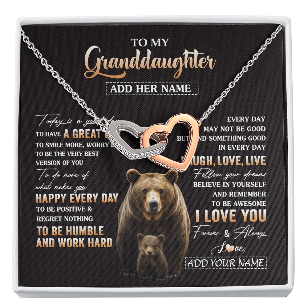 Interlocking Hearts Necklace Stainless Steel & Rose Gold Finish | 1 | Personalized To My Granddaughter Bear Necklace From Grandma Grandpa Every Day Laugh Love Live Granddaughter Birthday Gifts Christmas Gift Box Message Card | https://siriusteestore.