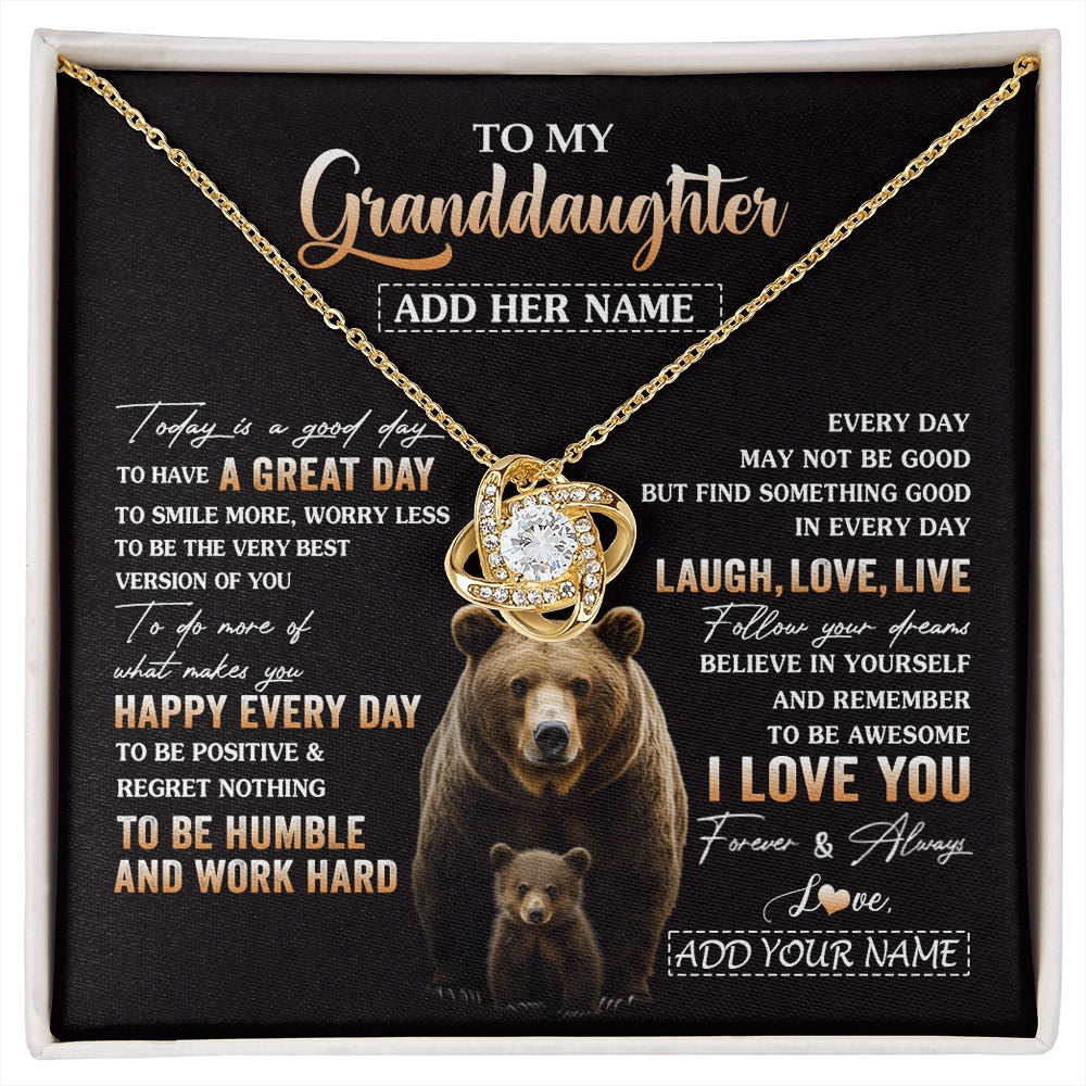 Love Knot Necklace 18K Yellow Gold Finish | 1 | Personalized To My Granddaughter Bear Necklace From Grandma Grandpa Every Day Laugh Love Live Granddaughter Birthday Gifts Christmas Gift Box Message Card | https://siriusteestore.