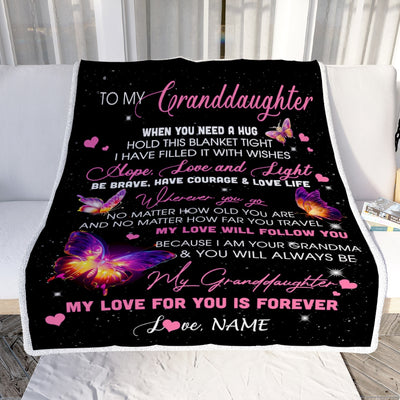 Personalized To My Granddaughter Blanket From Grandma Butterfly When You Need A Hug Granddaughter Birthday Graduation Christmas Customized Fleece Throw Blanket | siriusteestore