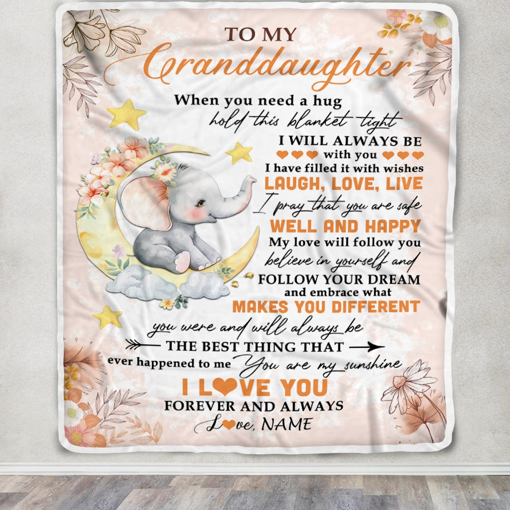 Personalized To My Granddaughter Blanket From Grandma Gigi Flower Elephant Moon Granddaughter Birthday Christmas Customized Bed Fleece Throw Blanket | siriusteestore