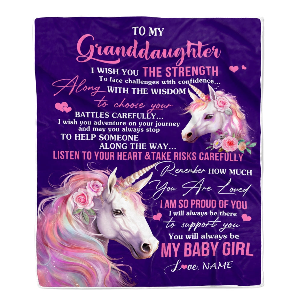 Personalized To My Granddaughter Blanket From Grandma Gigi I Wish You The Strength Unicorn Granddaughter Birthday Christmas Customized Fleece Throw Blanket | siriusteestore