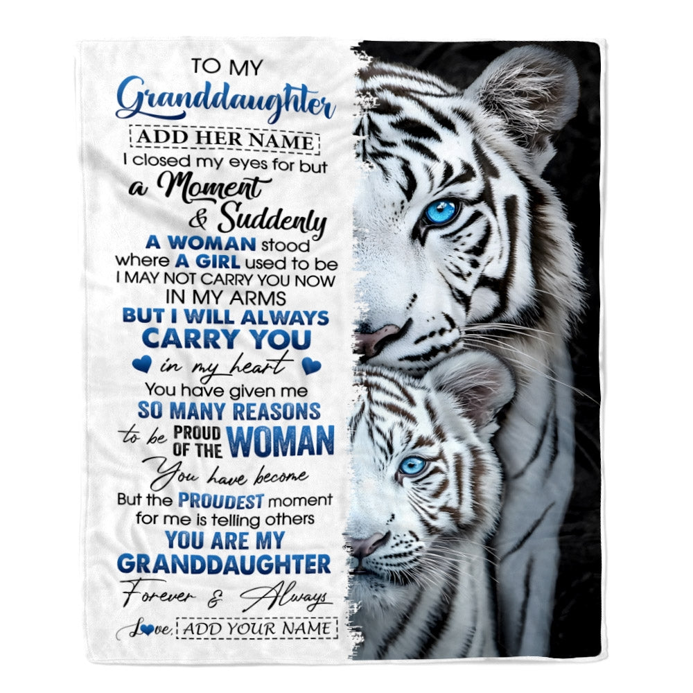 Personalized To My Granddaughter Blanket From Grandma Grandpa I Close My Eyes White Tiger Granddaughter Birthday Gifts Graduation Christmas Fleece Blanket | siriusteestore