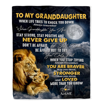 Personalized To My Granddaughter Blanket From Grandma Grandpa Lion Never Give Up Granddaughter Birthday Christmas Customized Fleece Throw Blanket | siriusteestore