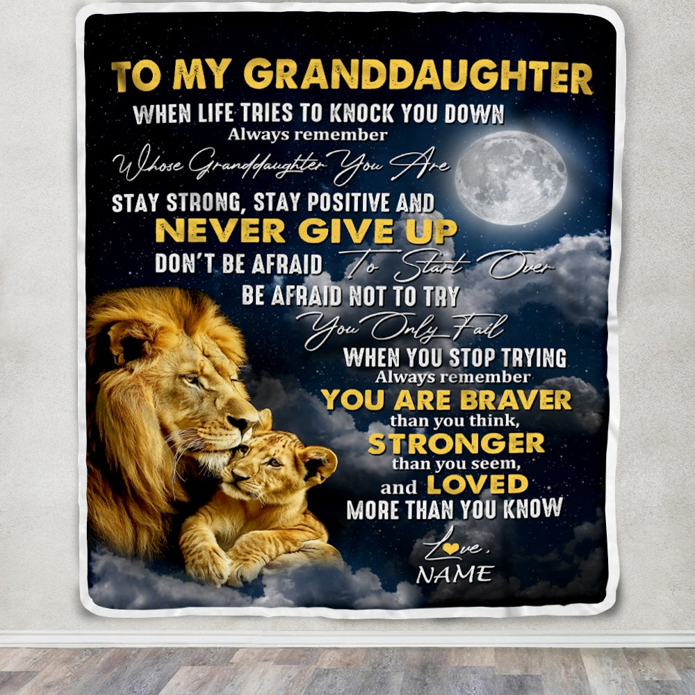 Personalized To My Granddaughter Blanket From Grandma Grandpa Lion Never Give Up Granddaughter Birthday Christmas Customized Fleece Throw Blanket | siriusteestore