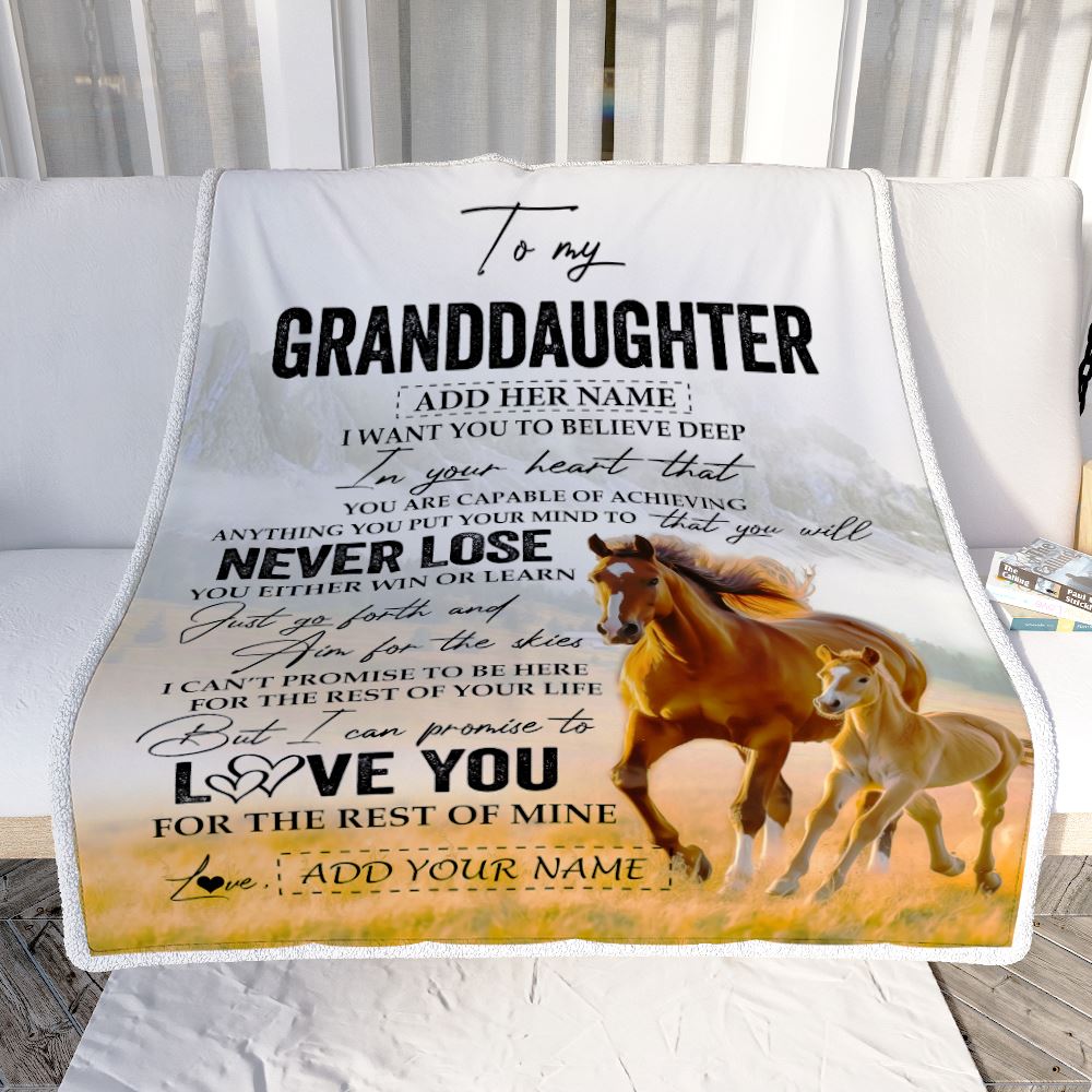 Personalized To My Granddaughter Blanket From Grandma Grandpa You Will Never Lose Horse Granddaughter Birthday Gifts Christmas Customized Fleece Throw Blanket | siriusteestore