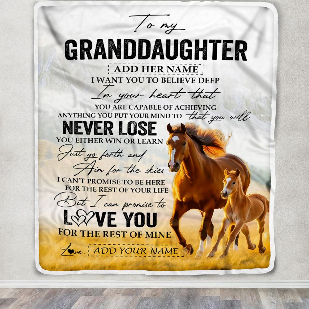 Personalized To My Granddaughter Blanket From Grandma Grandpa You Will Never Lose Horse Granddaughter Birthday Gifts Christmas Customized Fleece Throw Blanket | siriusteestore