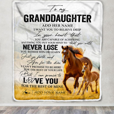 Personalized To My Granddaughter Blanket From Grandma Grandpa You Will Never Lose Horse Granddaughter Birthday Gifts Christmas Customized Fleece Throw Blanket | siriusteestore