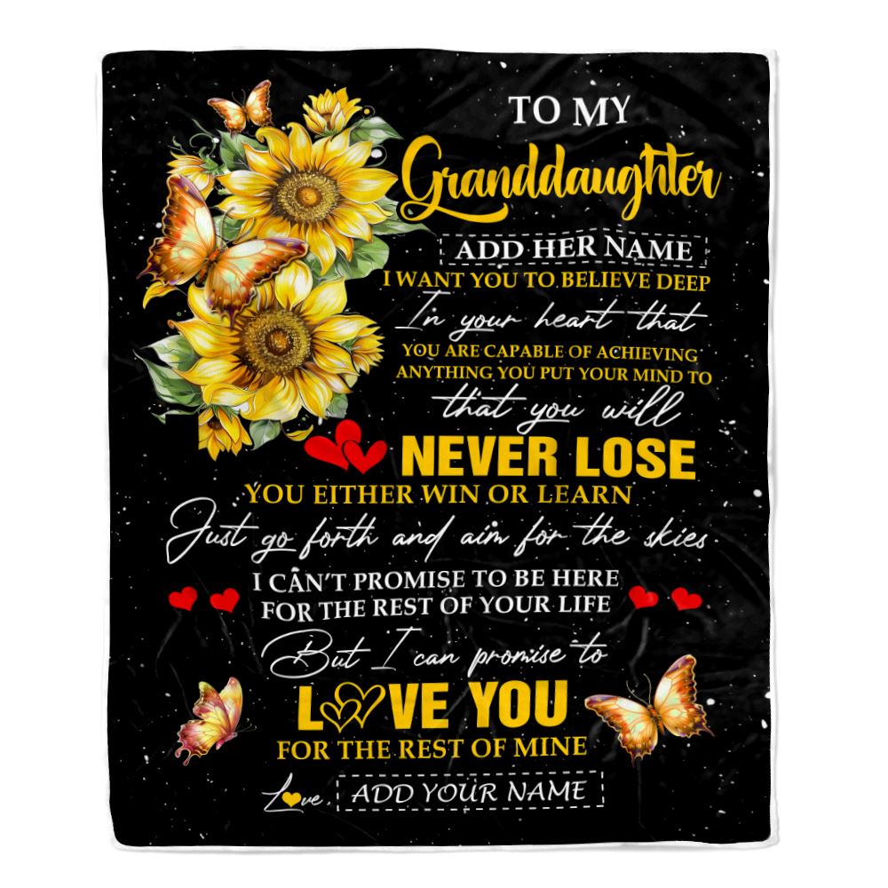 Personalized To My Granddaughter Blanket From Grandma Grandpa You Will Never Lose Sunflower Granddaughter Birthday Gifts Christmas Customized Fleece Blanket | siriusteestore
