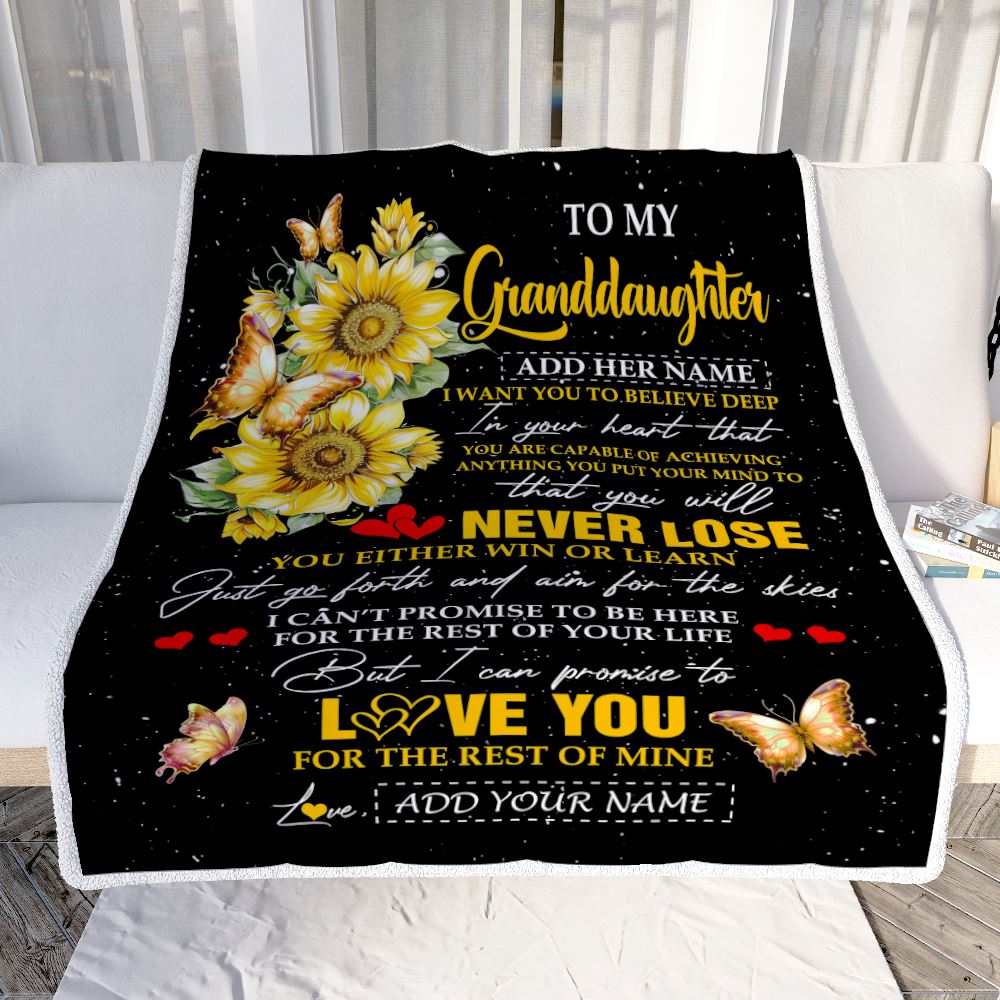 Personalized To My Granddaughter Blanket From Grandma Grandpa You Will Never Lose Sunflower Granddaughter Birthday Gifts Christmas Customized Fleece Blanket | siriusteestore