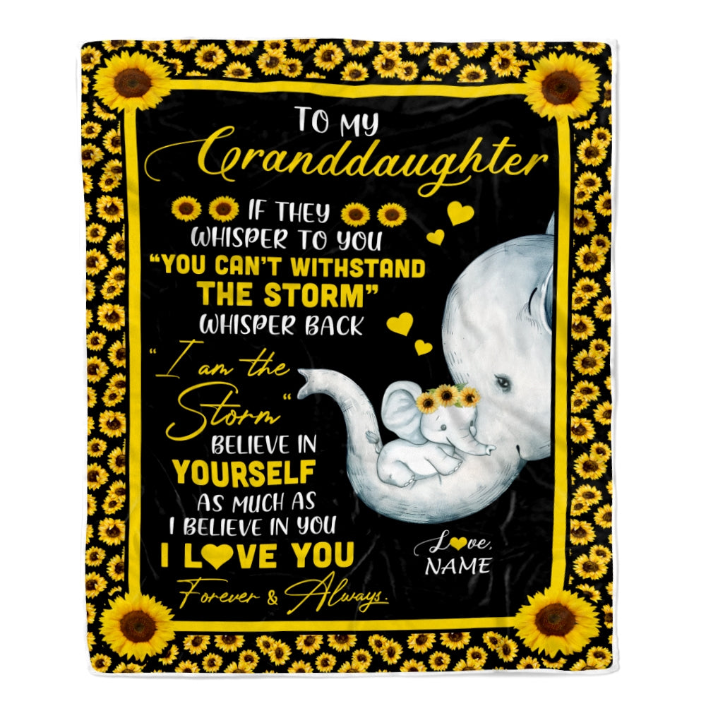 Personalized To My Granddaughter Blanket From Grandma Mimi Gigi I Am The Storm Big Hug Sunflower Elephant Granddaughter Birthday Christmas Bed Fleece Blanket | siriusteestore