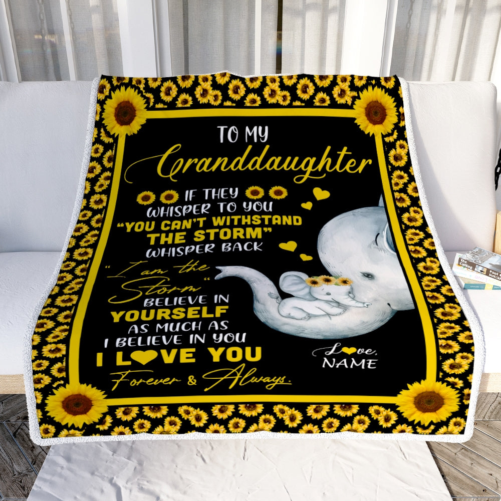 Personalized To My Granddaughter Blanket From Grandma Mimi Gigi I Am The Storm Big Hug Sunflower Elephant Granddaughter Birthday Christmas Bed Fleece Blanket | siriusteestore