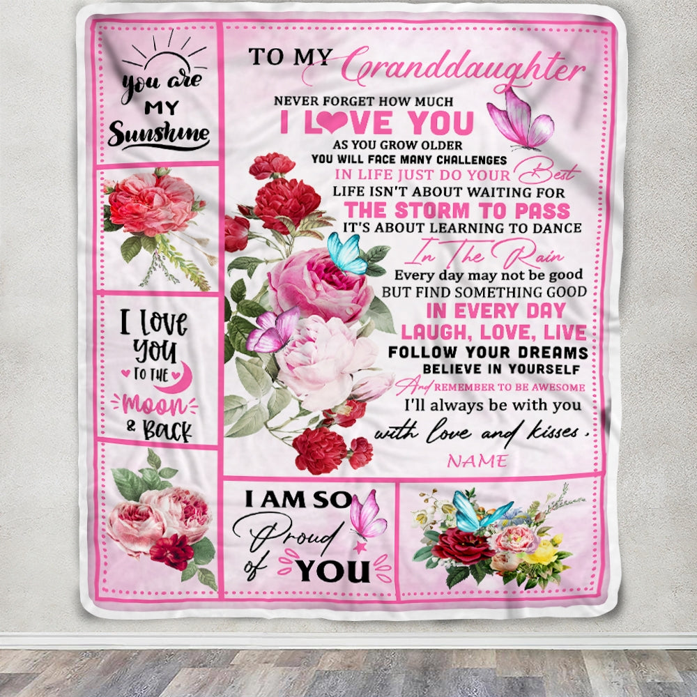Personalized To My Granddaughter Blanket From Grandma Never Forget I Love You Pink Butterfly Granddaughter Birthday Christmas Customized Fleece Throw Blanket | siriusteestore