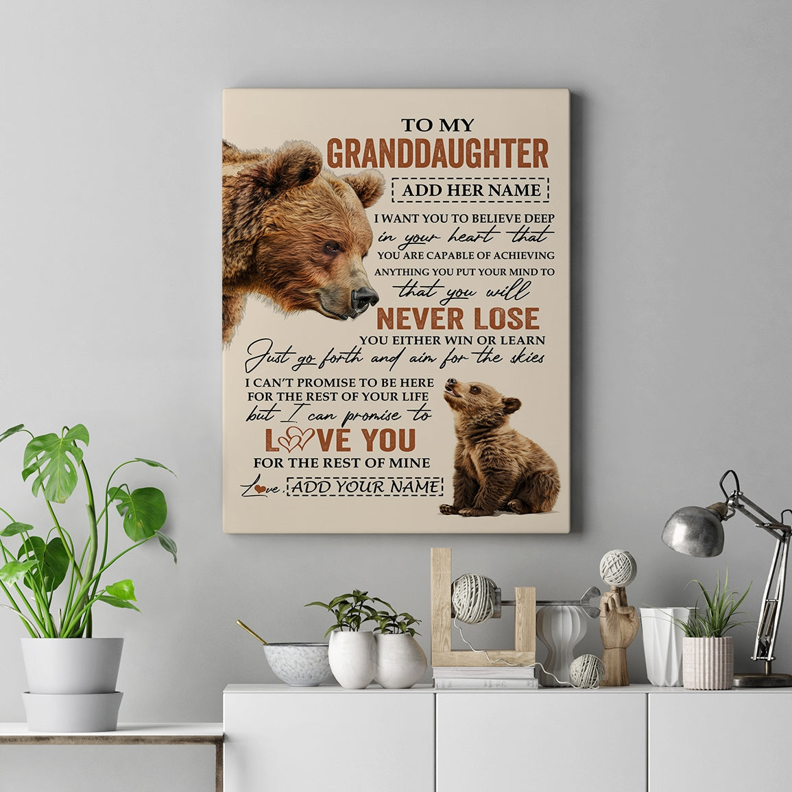 Personalized To My Granddaughter Canvas From Grandma Grandpa You Will Never Lose Bear Granddaughter Birthday Gifts Christmas Custom Wall Art Print Framed Canvas | siriusteestore