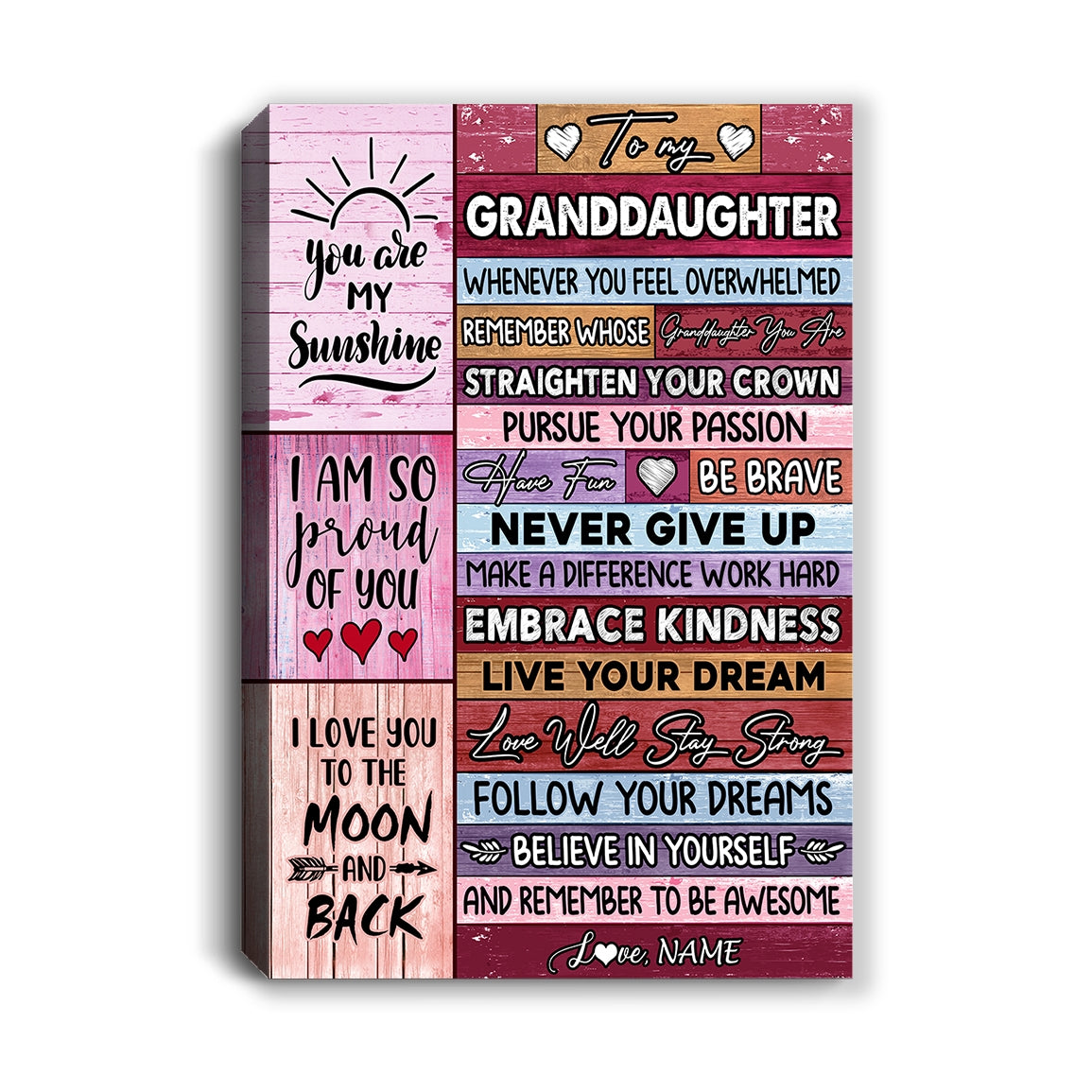 Personalized To My Granddaughter Canvas From Grandma Nana Believe In Yourself Awesome Pink Wood Birthday Christmas Custom Wall Art Print Home Decor Framed Canvas | siriusteestore