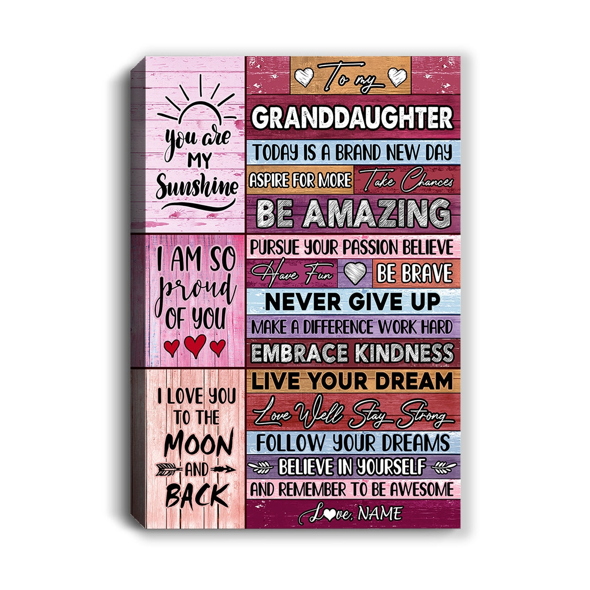 Personalized To My Granddaughter Canvas From Grandma Nana Never Give Up Live Your Dream Pink Wood Birthday Christmas Custom Wall Art Print Home Decor Framed Canvas | siriusteestore
