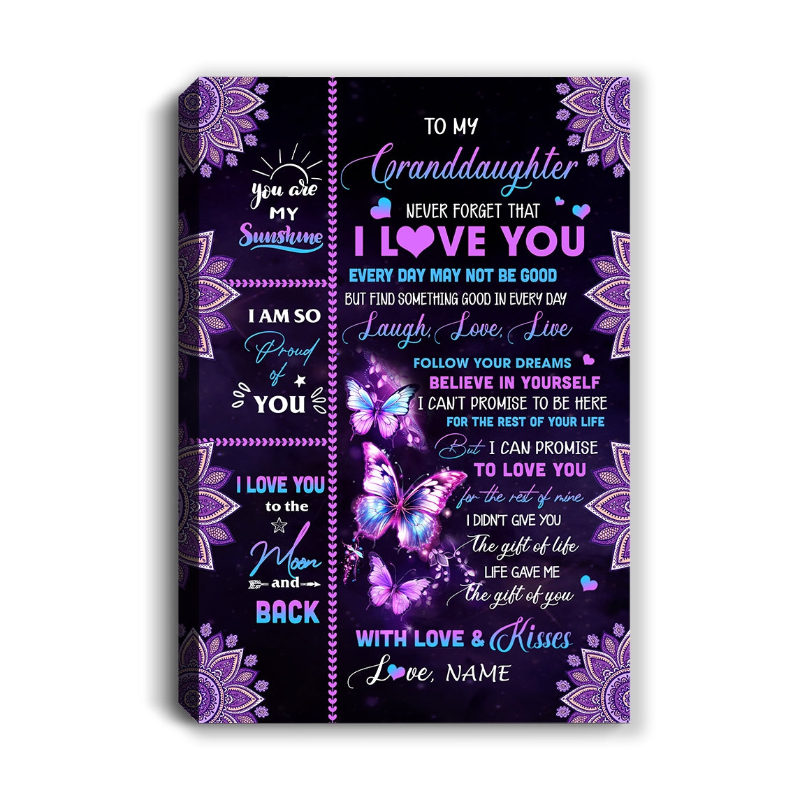 Personalized To My Granddaughter Canvas From Grandma Never Forget That I Love You Butterfly Granddaughter Birthday Gifts Christmas Custom Wall Art Print Framed Canvas | siriusteestore