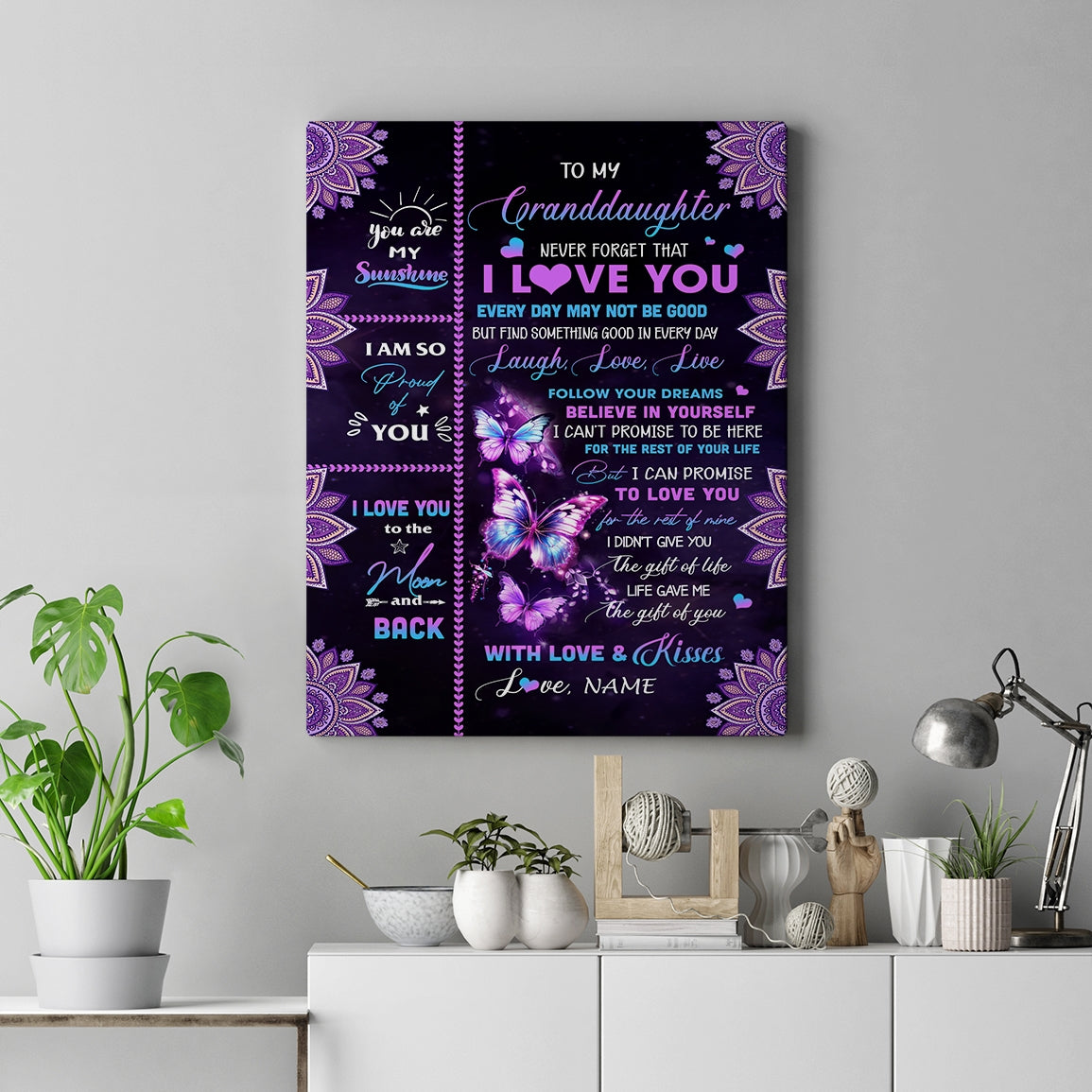 Personalized To My Granddaughter Canvas From Grandma Never Forget That I Love You Butterfly Granddaughter Birthday Gifts Christmas Custom Wall Art Print Framed Canvas | siriusteestore