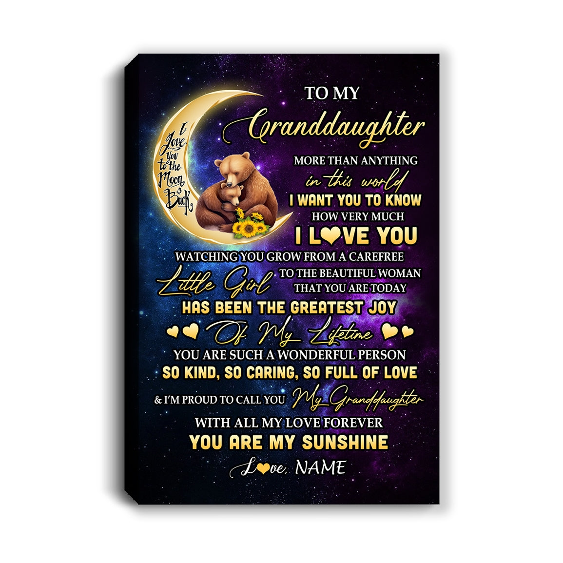 Personalized To My Granddaughter Canvas From Grandma Positive Energy Encourage Brave Little Bear Granddaughter Birthday Christmas Custom Wall Art Print Framed Canvas | siriusteestore