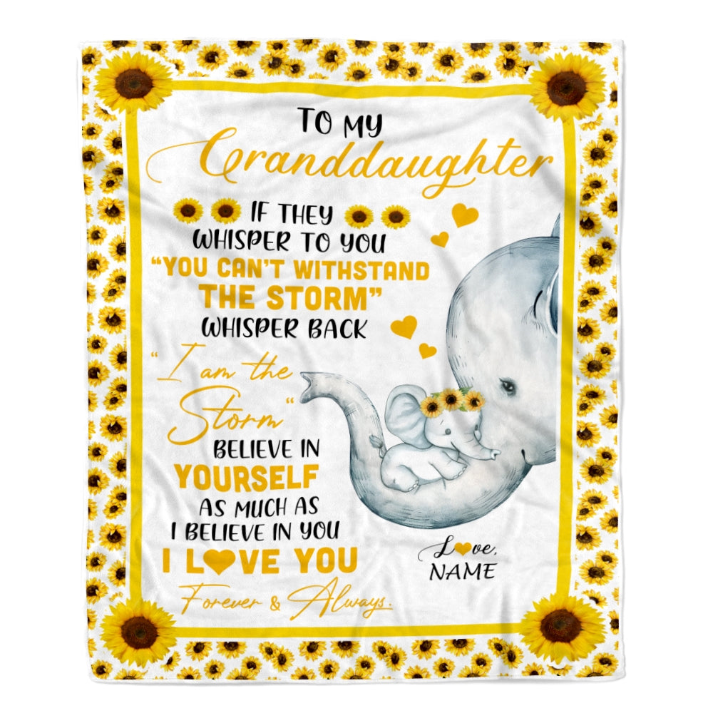 Personalized To My Granddaughter Elephant Blanket From Grandma Mimi Gigi I Am The Storm Big Hug Sunflower Granddaughter Birthday Christmas Bed Fleece Blanket | siriusteestore