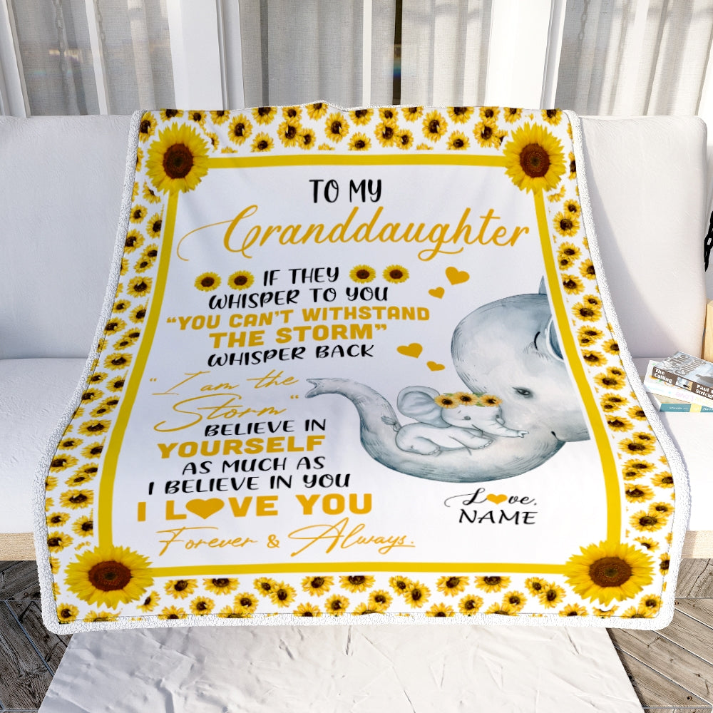 Personalized To My Granddaughter Elephant Blanket From Grandma Mimi Gigi I Am The Storm Big Hug Sunflower Granddaughter Birthday Christmas Bed Fleece Blanket | siriusteestore