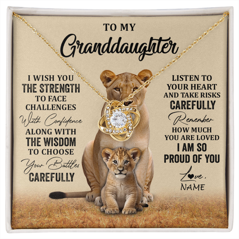 Love Knot Necklace 18K Yellow Gold Finish | 1 | Personalized To My Granddaughter From Grandma Grandpa Necklace I Wish You The Strength Lion Granddaughter Birthday Christmas Customized Gift Box Message Card | siriusteestore