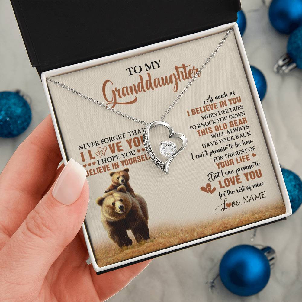 Forever Love Necklace 14K White Gold Finish | 2 | Personalized To My Granddaughter From Grandma Necklace This Old Bear Love You Granddaughter Birthday Graduation Christmas Customized Gift Box Message Card | siriusteestore