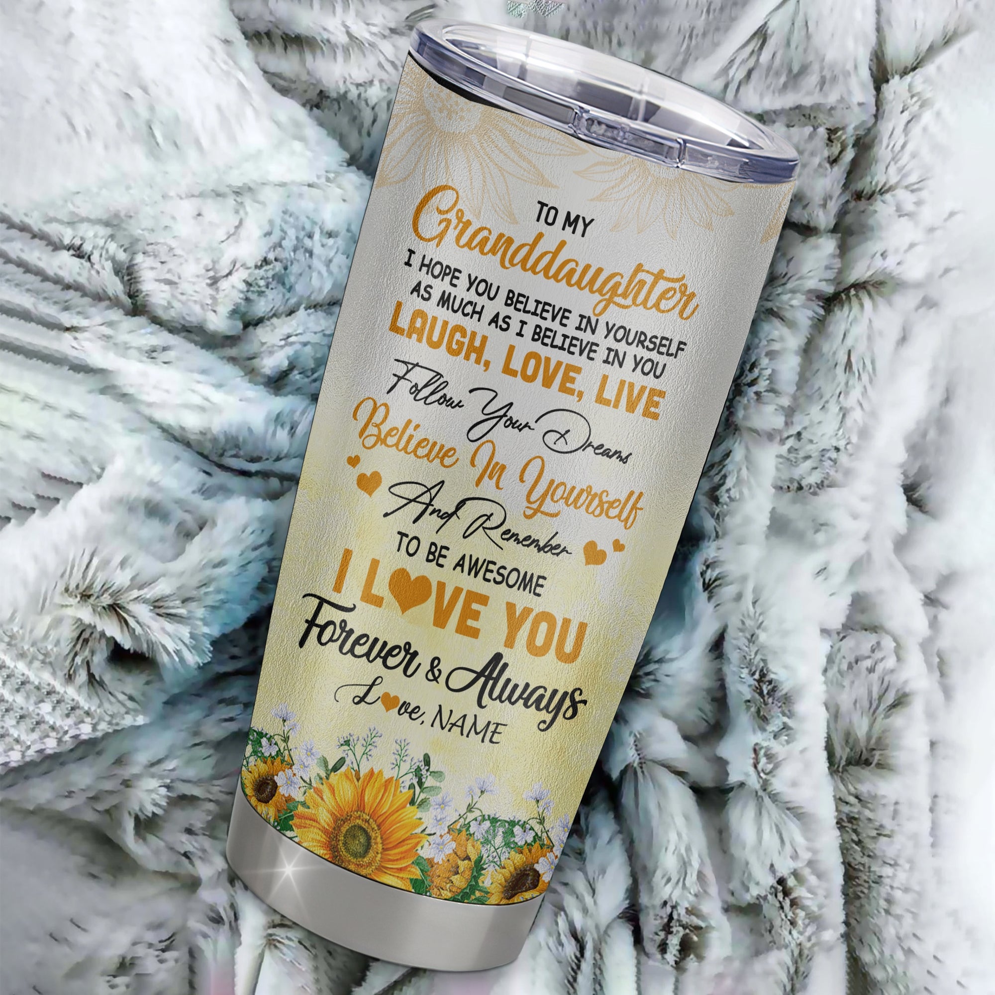 Personalized To My Granddaughter From Grandma Stainless Steel Tumbler Cup Laugh Love Live Butterfly Sunflower Granddaughter Birthday Graduation Christmas Travel Mug | siriusteestore