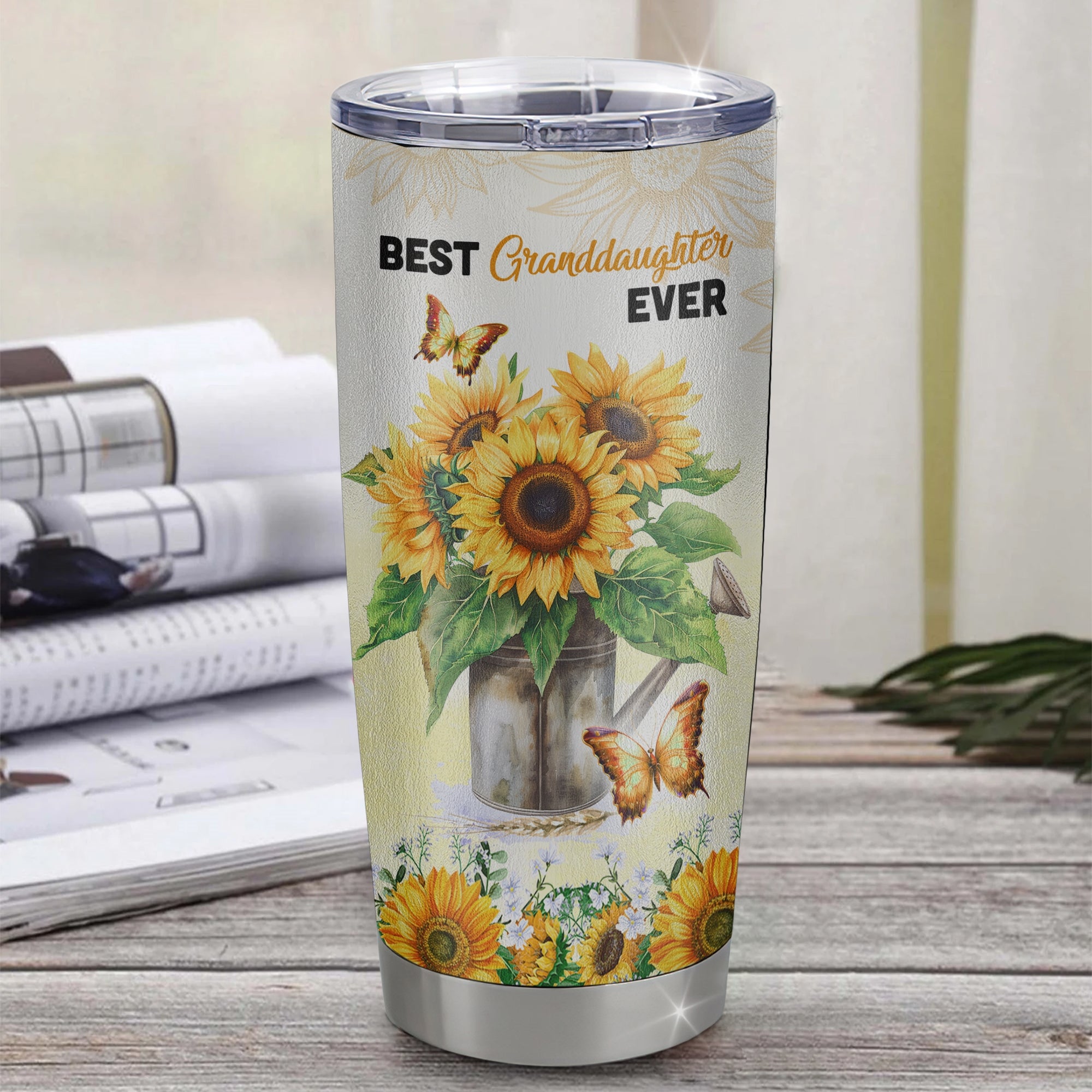 Personalized To My Granddaughter From Grandma Stainless Steel Tumbler Cup Laugh Love Live Butterfly Sunflower Granddaughter Birthday Graduation Christmas Travel Mug | siriusteestore