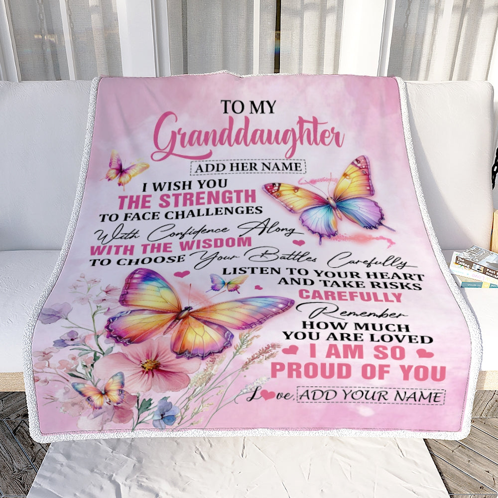 Personalized To My Granddaughter Gifts Blanket From Grandma Grandpa I Wish You The Strength Butterfly Granddaughter Birthday Gifts Christmas Fleece Blanket | siriusteestore